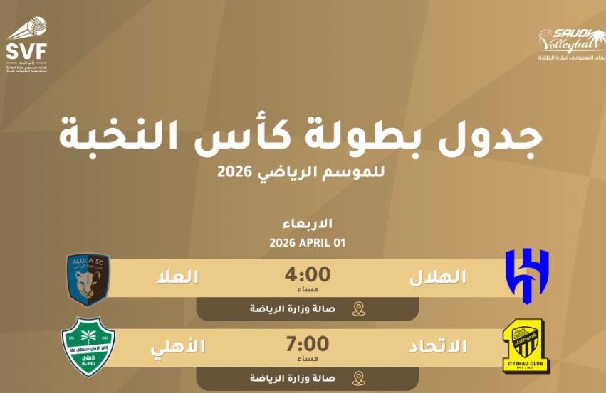 إنطلاق مباريات بطولة كأس النخبة للموسم الرياضي ٢٠٢٦ بمواجهتين تجمع الأولى الهلال والعلا.. والثانية الإتحاد والأهلي الإربعاء القادم
