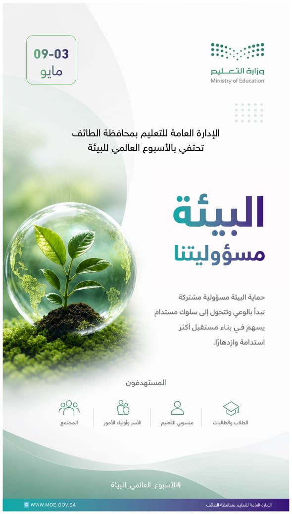 ضمن فعاليات الاحتفاء بأسبوع البيئة 2026،   تعليم الطائف يطلق حملة للاحتفاء بالبيئة 