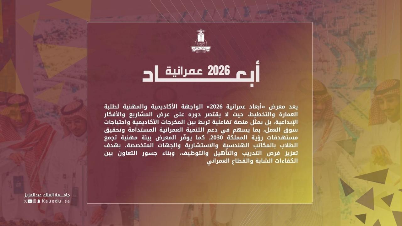 كلية العمارة والتخطيط بجامعة الملك عبدالعزيز تُنظم معرض ” أبعاد عمرانية 2026”