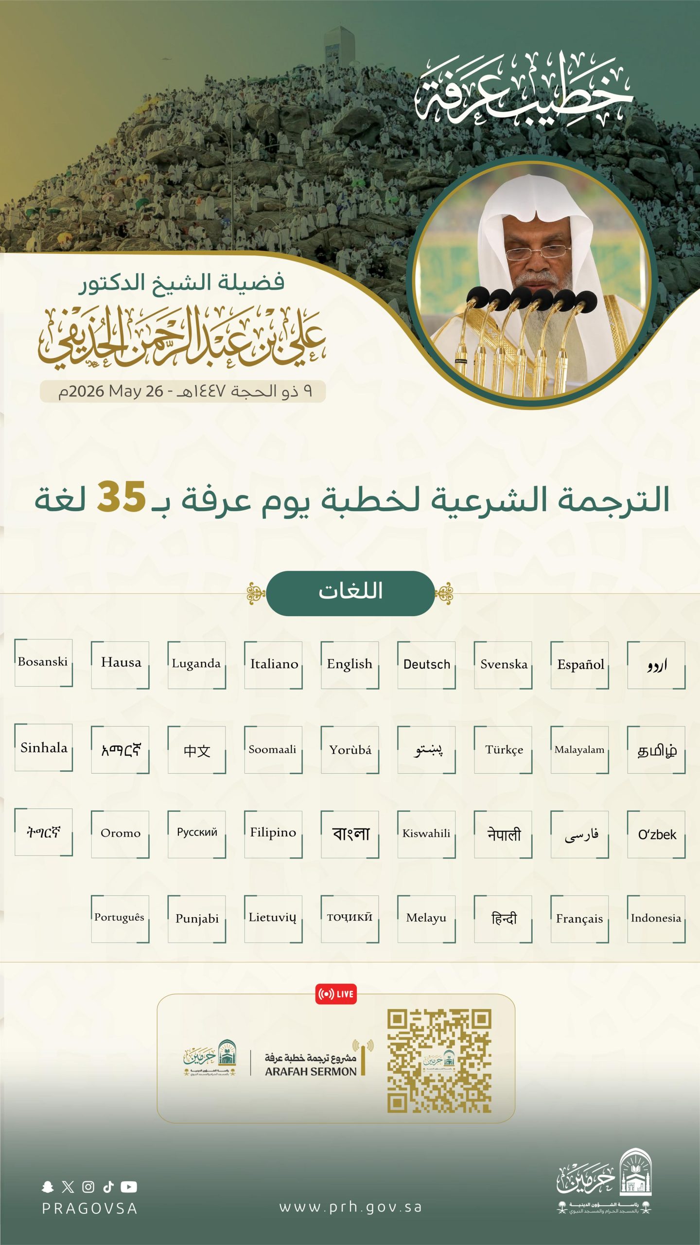 رئاسة الشؤون الدينية توضح جاهزية منصة الترجمة الشرعية لخطبة يوم عرفة بـ(35) لغة عالمية