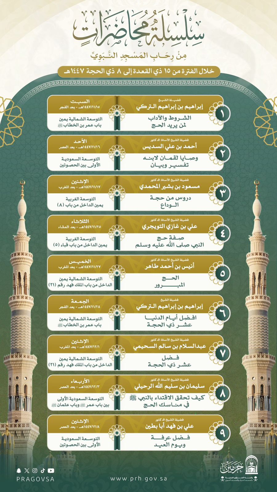 محاضرات الحج سلسلة علمية متخصصة في المسجد النبوي بمشاركة نخبة من مدرسي المسجد النبوي