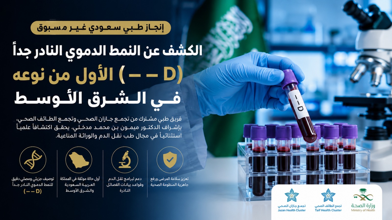 إنجاز طبي سعودي يسجل سابقة علمية في الشرق الأوسط.. الكشف عن أول حالة للنمط الدموي النادر جدًا (– – D)