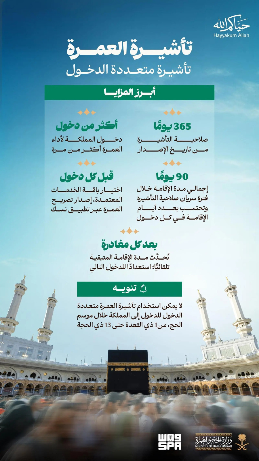 وزارة الحج والعمرة تطلق تأشيرة العمرة متعددة الدخول بصلاحية عام وإقامة تصل إلى 90 يومًا