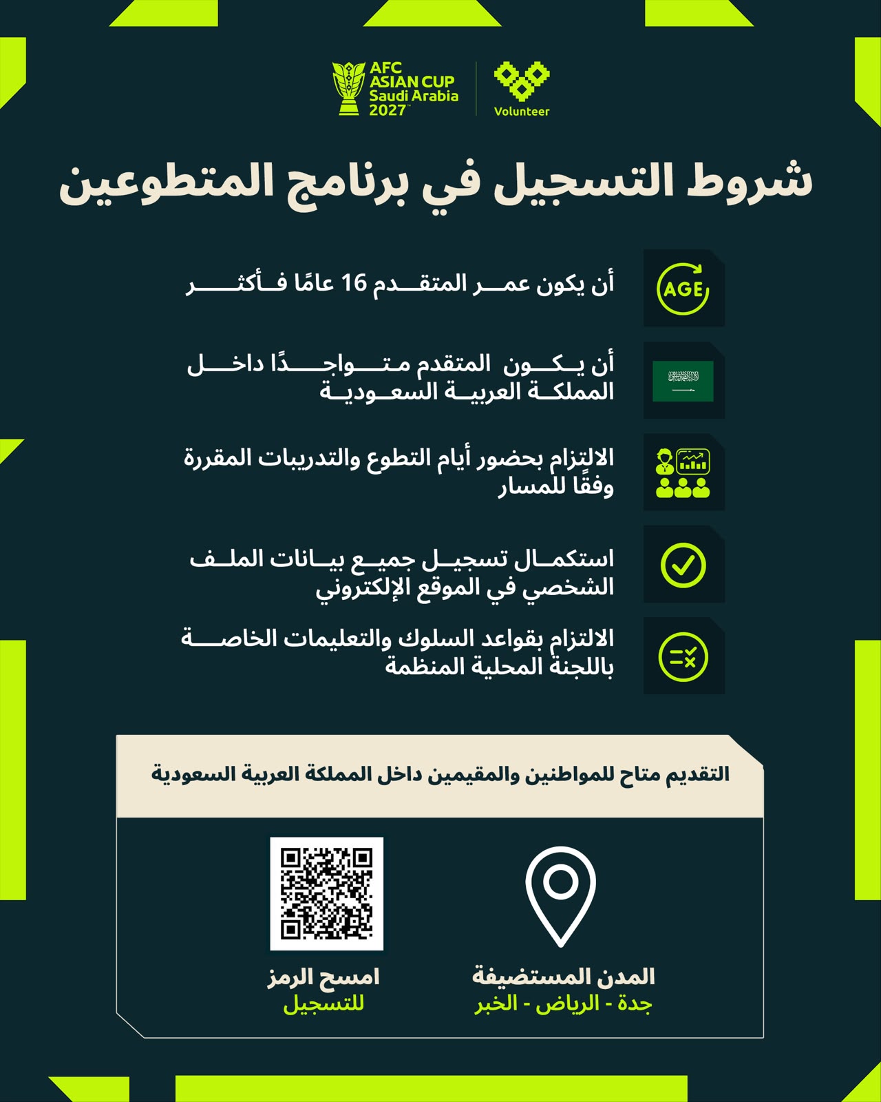 اللجنة المحلية المنظمة تعلن شروط ومعايير التسجيل في برنامج متطوعي كأس آسيا السعودية 2027ج