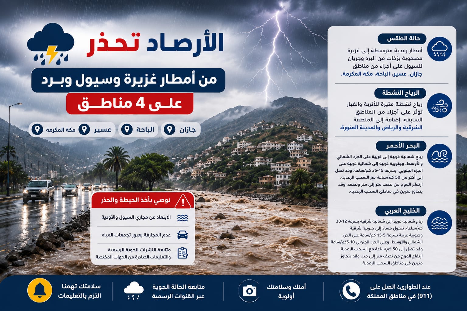 الأرصاد: أمطار غزيرة وسيول على 4 مناطق