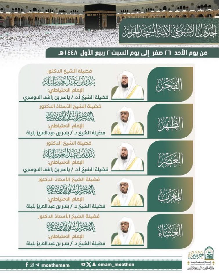 رئاسة الشؤون الدينية بالحرمين الشريفين توضح الجدول الأسبوعي لأئمة الحرمين الشريفين