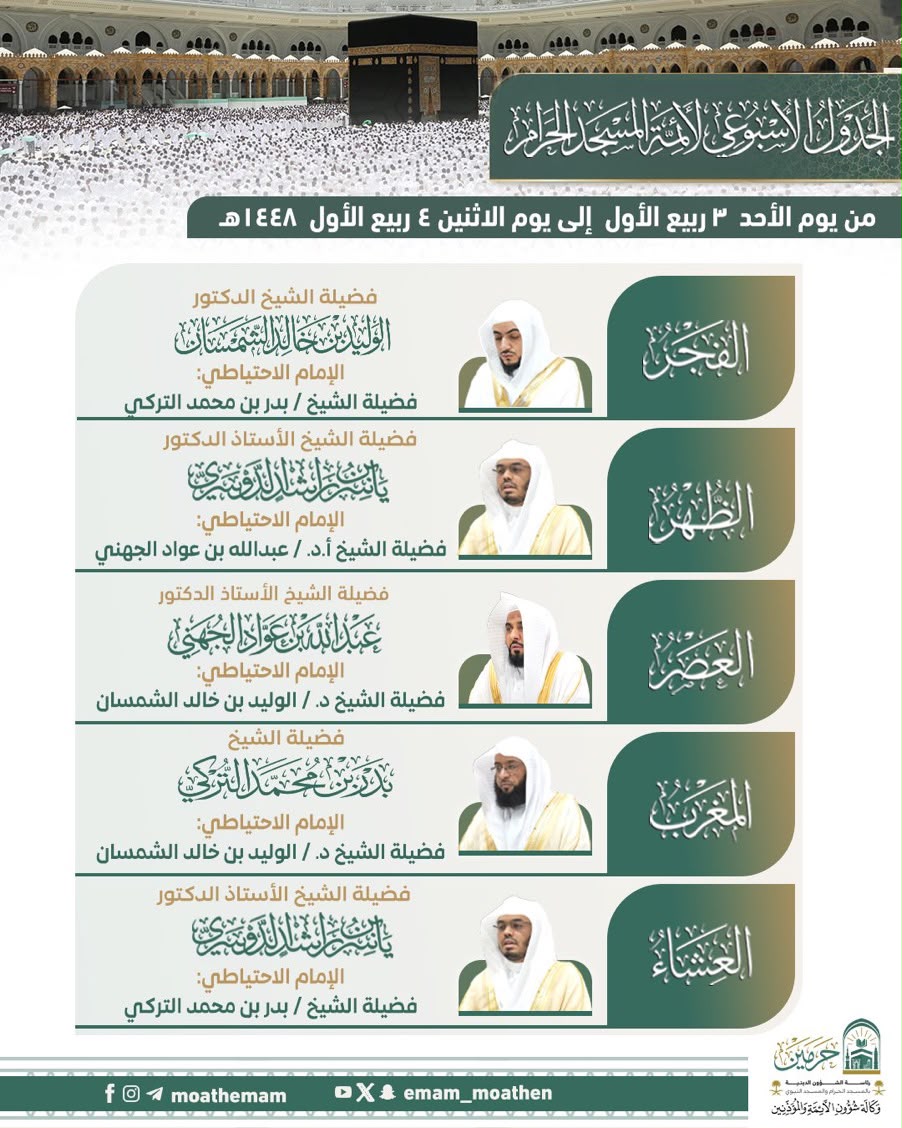 رئاسة الشؤون الدينية بالحرمين الشريفين توضح الجدول الأسبوعي لأئمة الحرمين الشريفين من اليوم الأحد للسبت القادم 