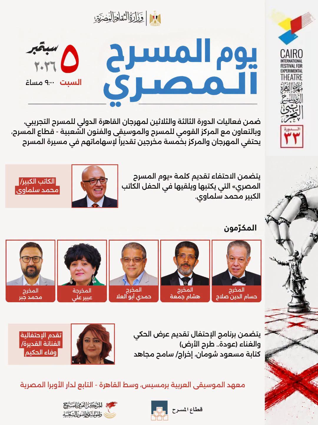 الكاتب محمد سلماوي «يوم المسرح المصري» في مفتتح احتفالية المركز القومي للمسرح بالتعاون مع مهرجان القاهرة الدولي للمسرح التجريبي