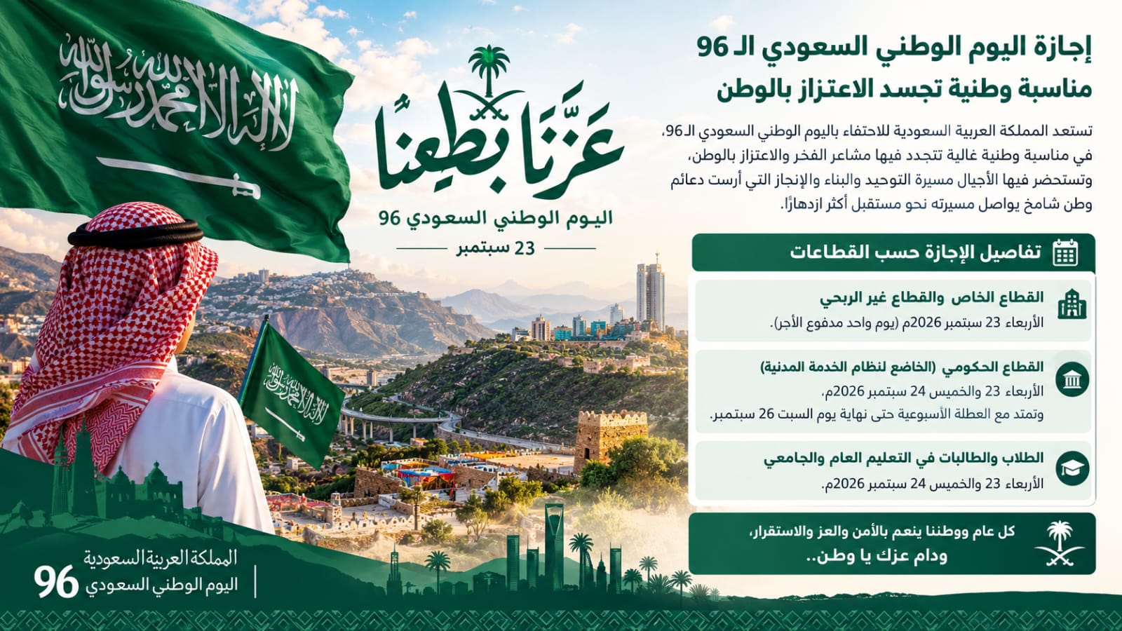 إجازة اليوم الوطني السعودي الـ96.. مناسبة وطنية تجسد الاعتزاز بالوطن 