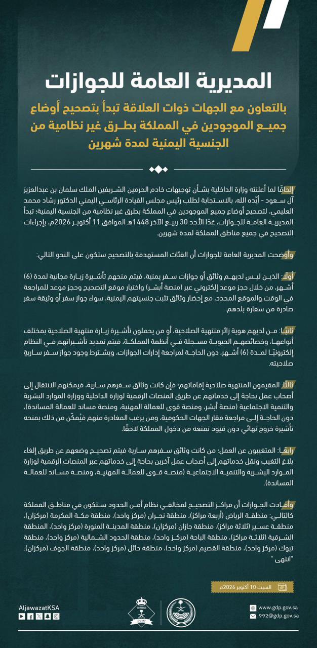 الجوازات السعودية تبدأ تصحيح أوضاع الموجودين في المملكة بطرق غير نظامية من الجنسية اليمنية لمدة شهرين