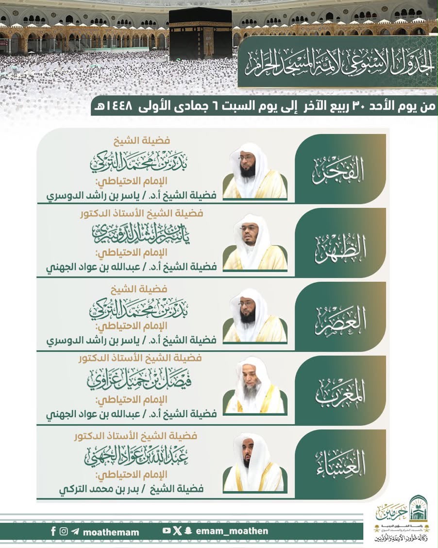 رئاسة الشؤون الدينية توضح الجدول الأسبوعي لأئمة الحرمين الشريفين