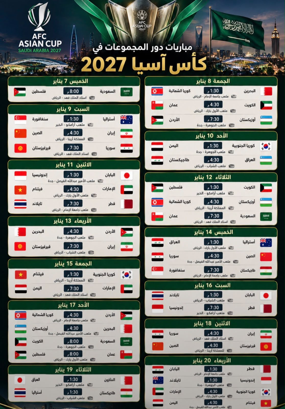 رسمياً الكشف عن ‏مواعيد مباريات كأس آسيا 2027 في السعودية: